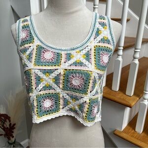Kirious Los Angeles Small Pastel Crochet Crop Top Tank Pink Yellow Sleeveless